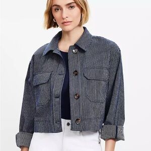 LOFT Navy Striped Jean Jacket